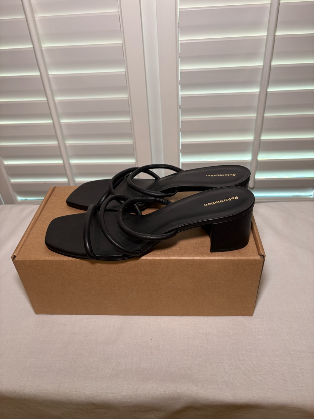 Reformation Black Strappy Mid Block Heel Sandals